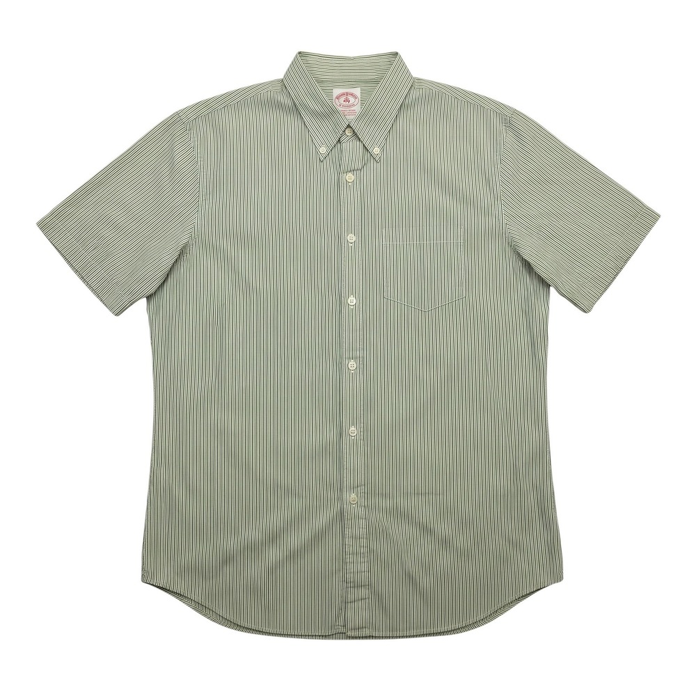 Brooks Brothers Red Fleece Mens Green Striped Short Sleeve Button Down Shirt L - Picture 2 of 8